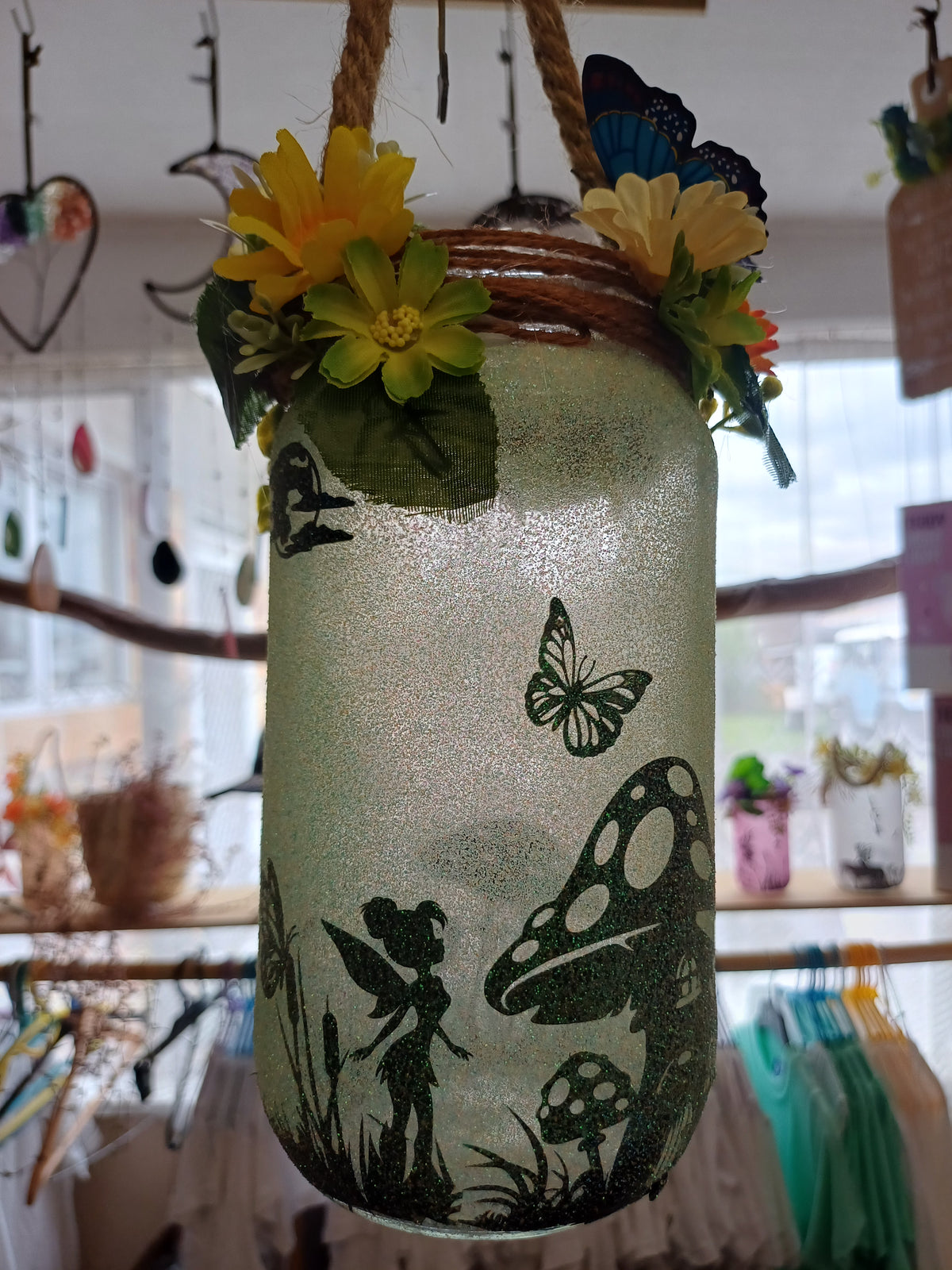 Glitter fairy night jar – Greens with yellows, 19 cm