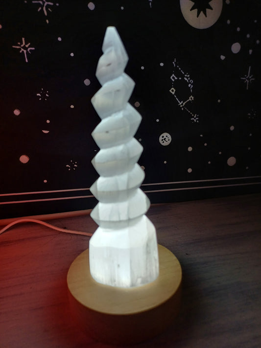 UNICORN SELENITE HORN + LIGHT BASE