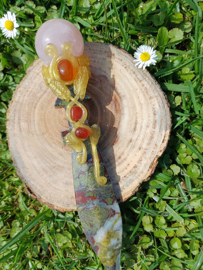 Crystal sphere-tipped dagger – Moss agate, clear quartz sphere