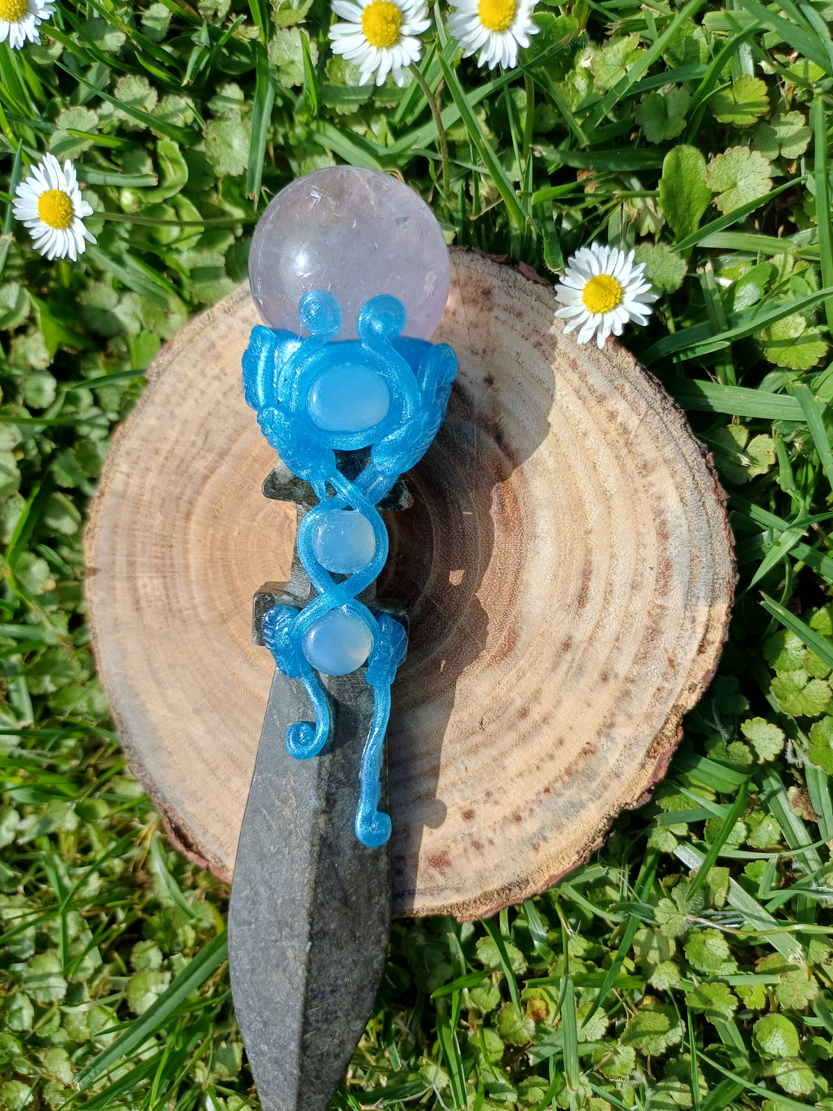 Crystal sphere-tipped dagger – Dragon blood stone, amethyst sphere