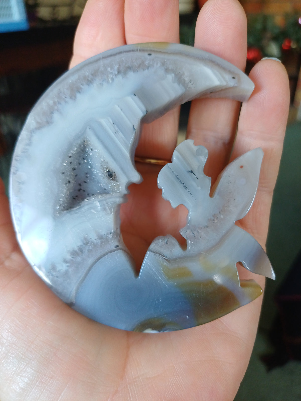 Druzy agate moon fairy on stand, view 2