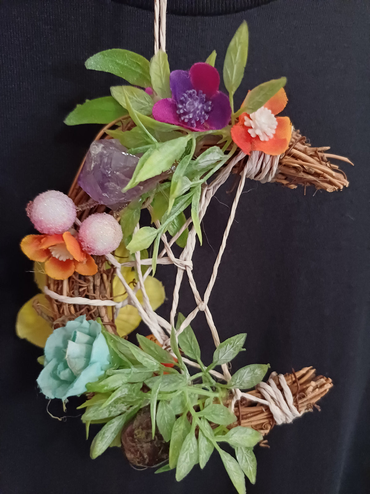 Hanging crystal crescent moon – Amethyst and tiger's eye